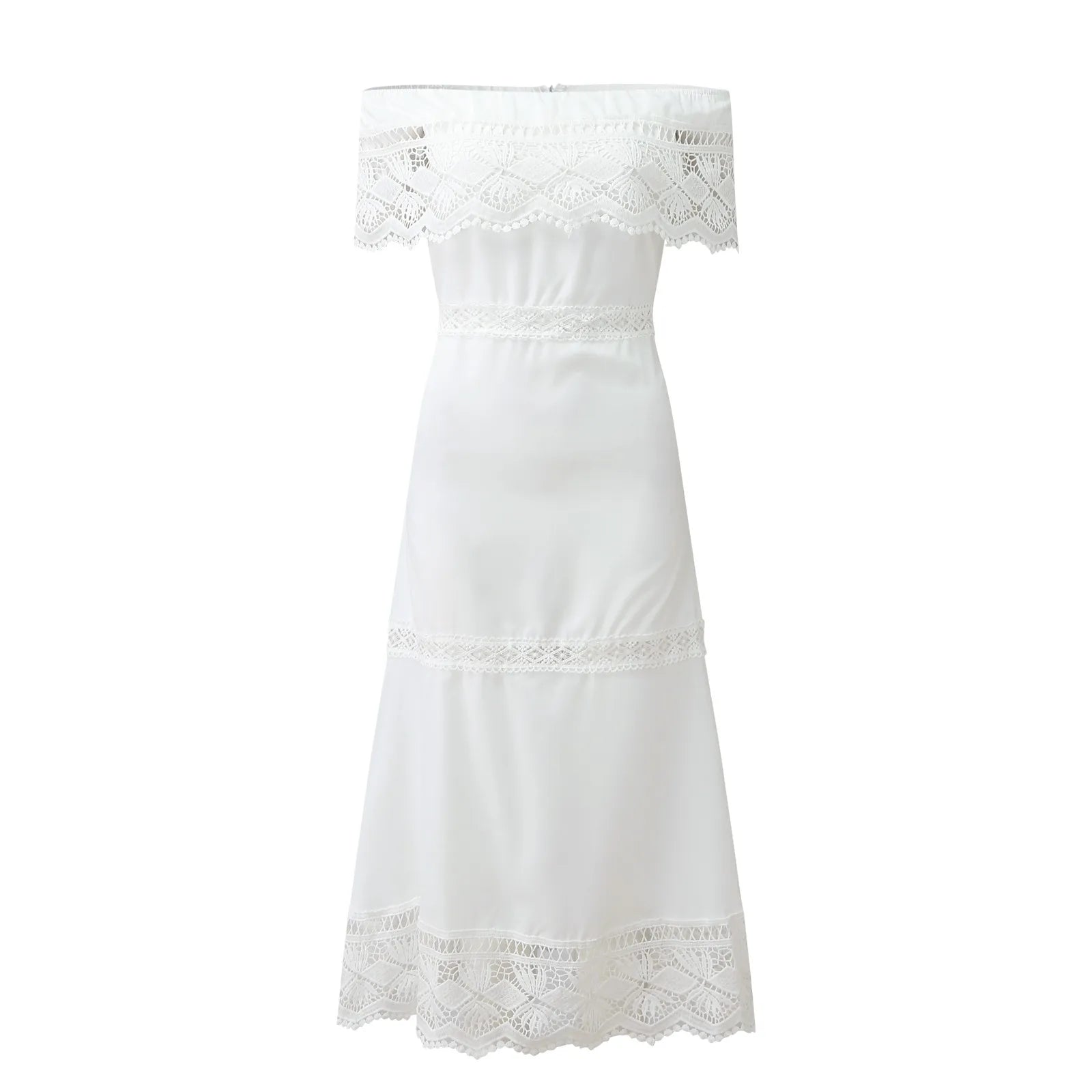 Off Shoulder Lace Flounce Scalloped Tiered Maxi Dress