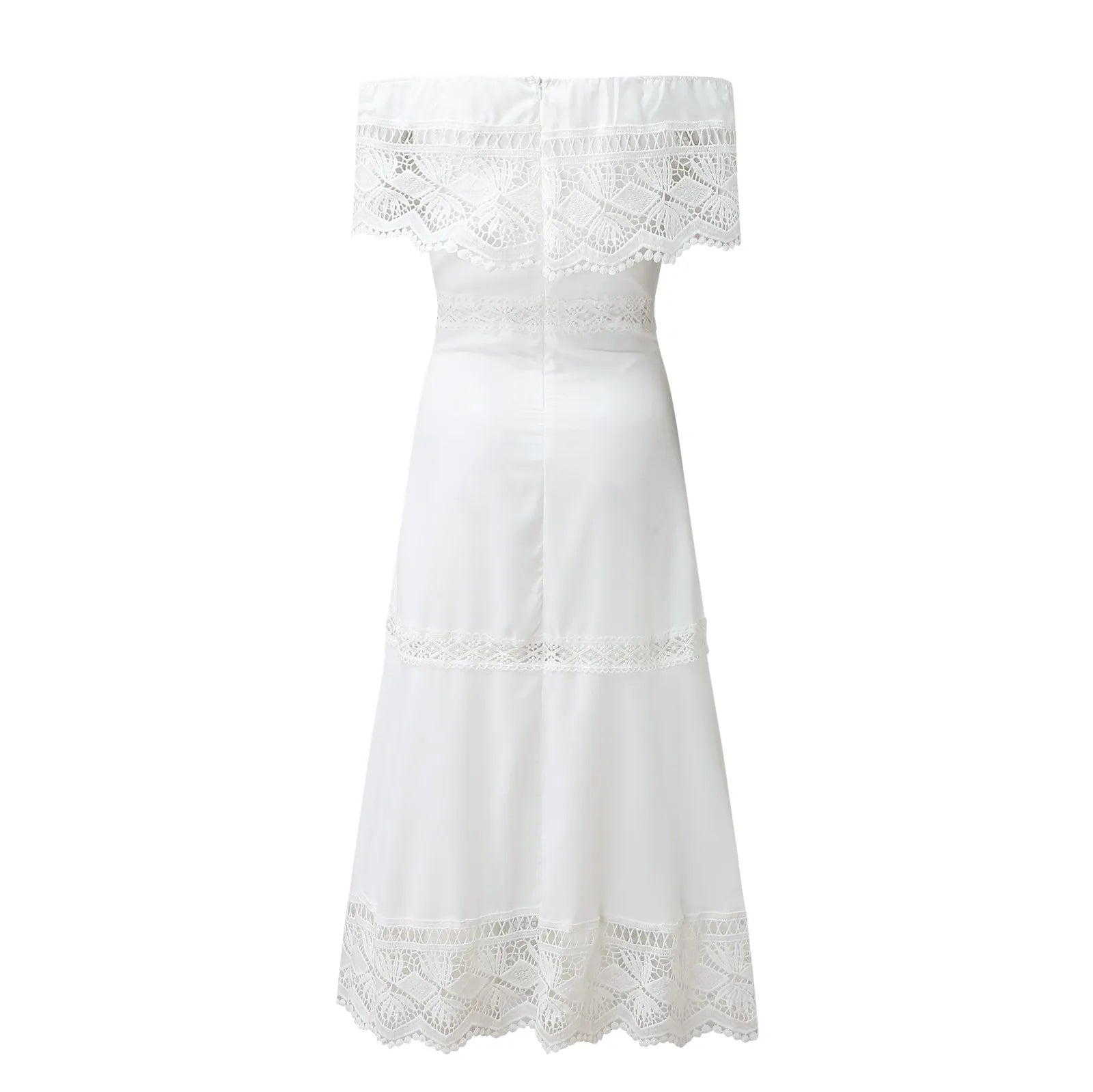 Off Shoulder Lace Flounce Scalloped Tiered Maxi Dress