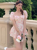 Floral Print Sweetheart Neck Puff Sleeve Bustier Ruffle Hem Mini Dress