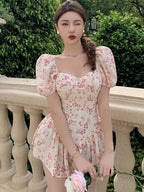 Floral Print Sweetheart Neck Puff Sleeve Bustier Ruffle Hem Mini Dress