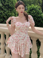 Floral Print Sweetheart Neck Puff Sleeve Bustier Ruffle Hem Mini Dress