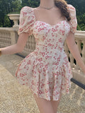 Floral Print Sweetheart Neck Puff Sleeve Bustier Ruffle Hem Mini Dress