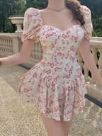 Floral Print Sweetheart Neck Puff Sleeve Bustier Ruffle Hem Mini Dress