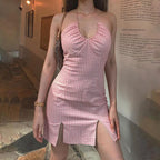 Gingham Check Spaghetti Strap Ruched Sweetheart Neck Front Slit Bodycon Mini Dress