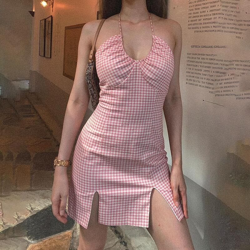 Gingham Check Spaghetti Strap Ruched Sweetheart Neck Front Slit Bodycon Mini Dress