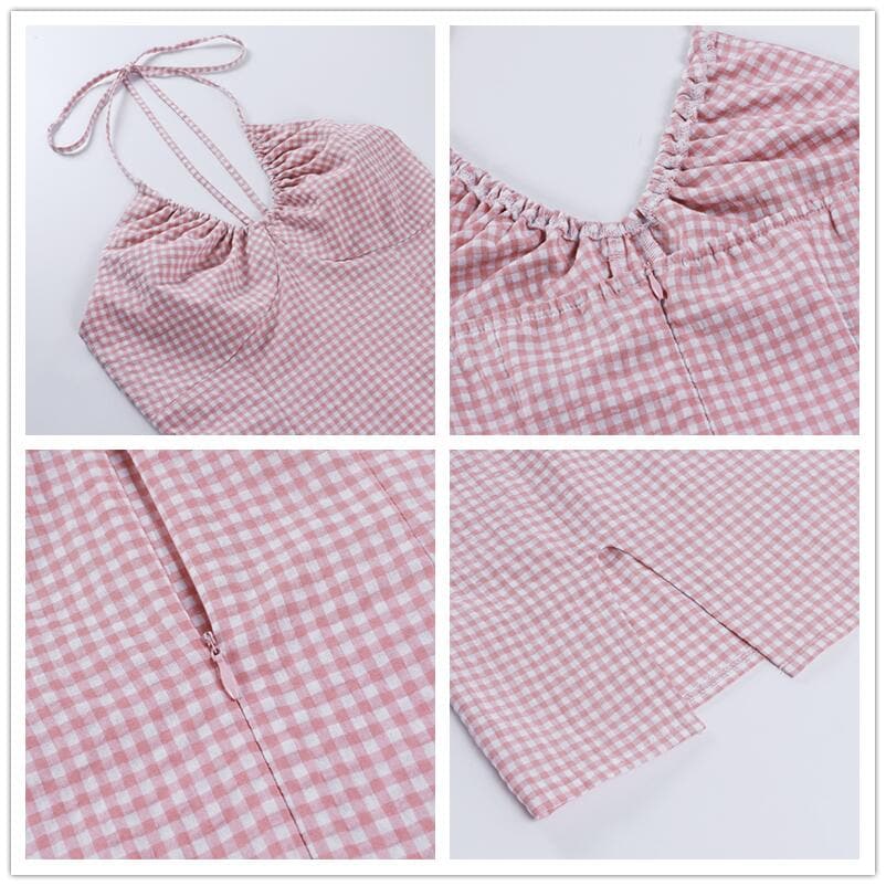 Gingham Check Spaghetti Strap Ruched Sweetheart Neck Front Slit Bodycon Mini Dress