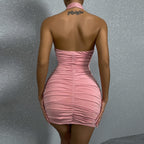 Crisscross Halter Keyhole Cutout Ruched Draped Sash Mini Dress