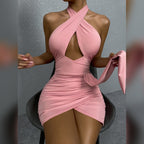Crisscross Halter Keyhole Cutout Ruched Draped Sash Mini Dress