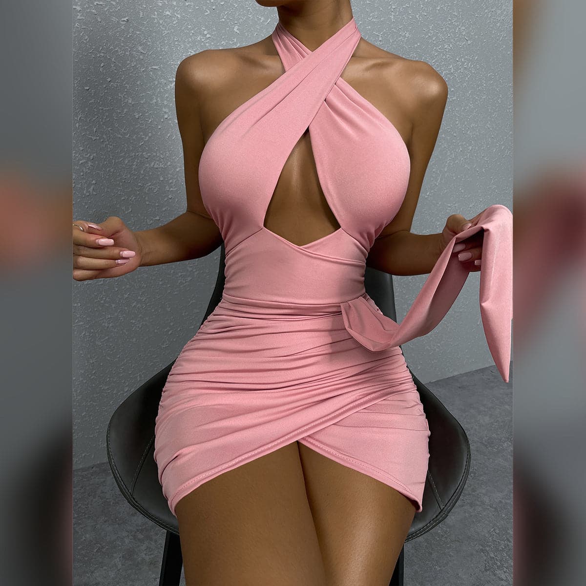 Crisscross Halter Keyhole Cutout Ruched Draped Sash Mini Dress