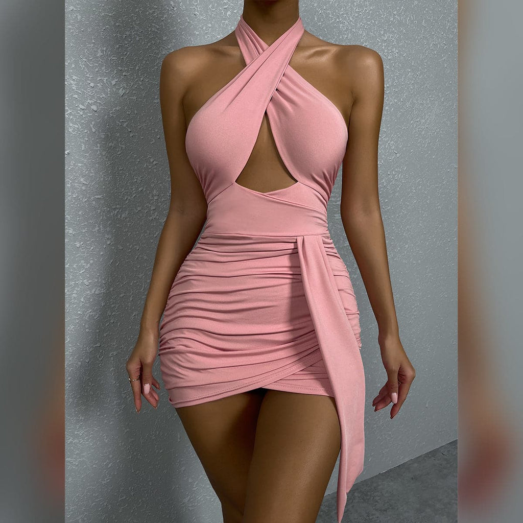 Crisscross Halter Keyhole Cutout Ruched Draped Sash Mini Dress