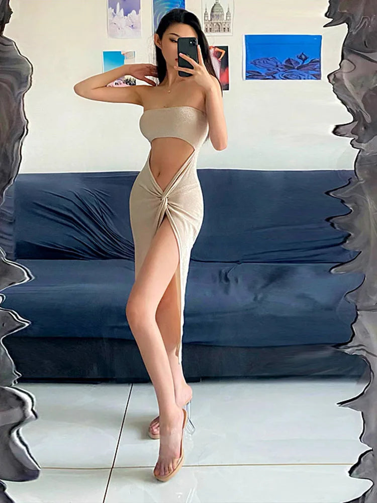 Strapless Twist Front Midriff Cutout Glitter Knit High Slit Maxi Dress