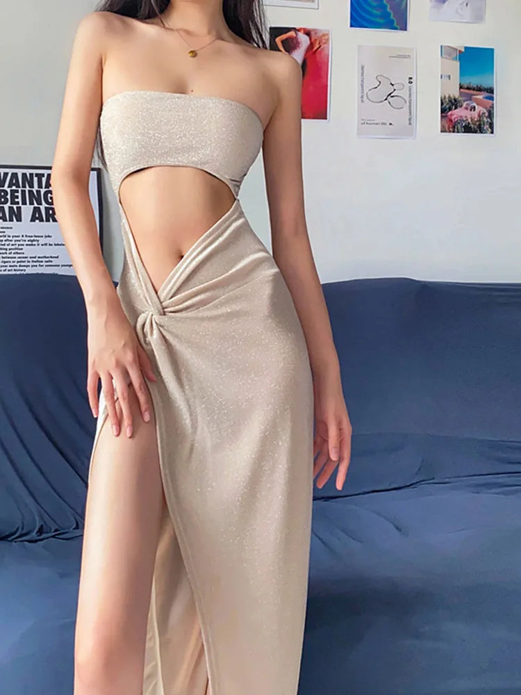 Glitter Strapless Cut Out Twist Waist High Split Maxi Dress