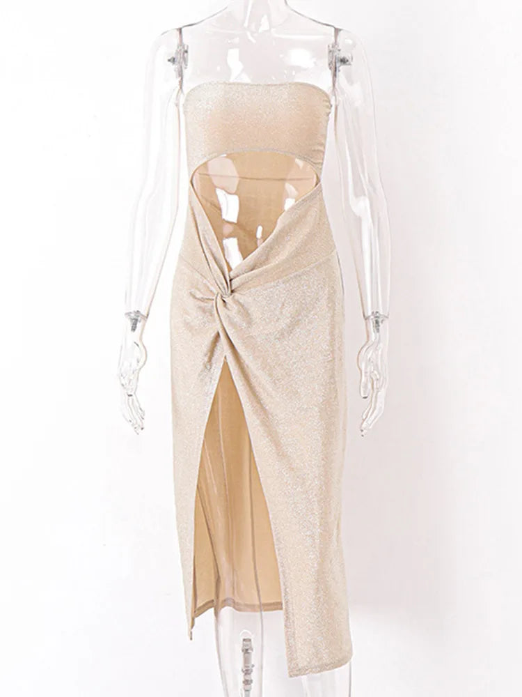 Glitter Strapless Cut Out Twist Waist High Split Maxi Dress