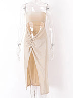 Glitter Strapless Cut Out Twist Waist High Split Maxi Dress