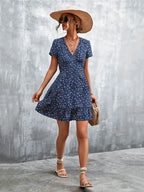 V-Neck Short Sleeve Ditsy Floral Print Ruffle Hem A-Line Mini Dress