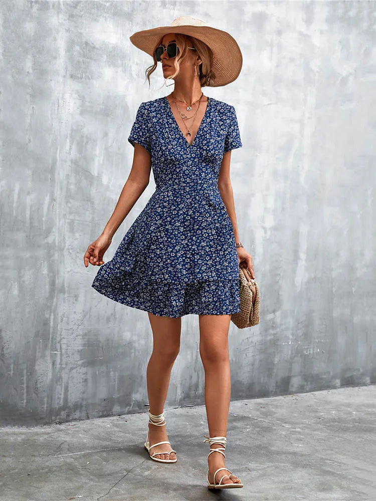 V-Neck Short Sleeve Ditsy Floral Print Ruffle Hem A-Line Mini Dress