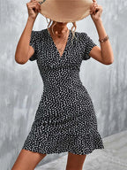V-Neck Short Sleeve Ditsy Floral Print Ruffle Hem A-Line Mini Dress