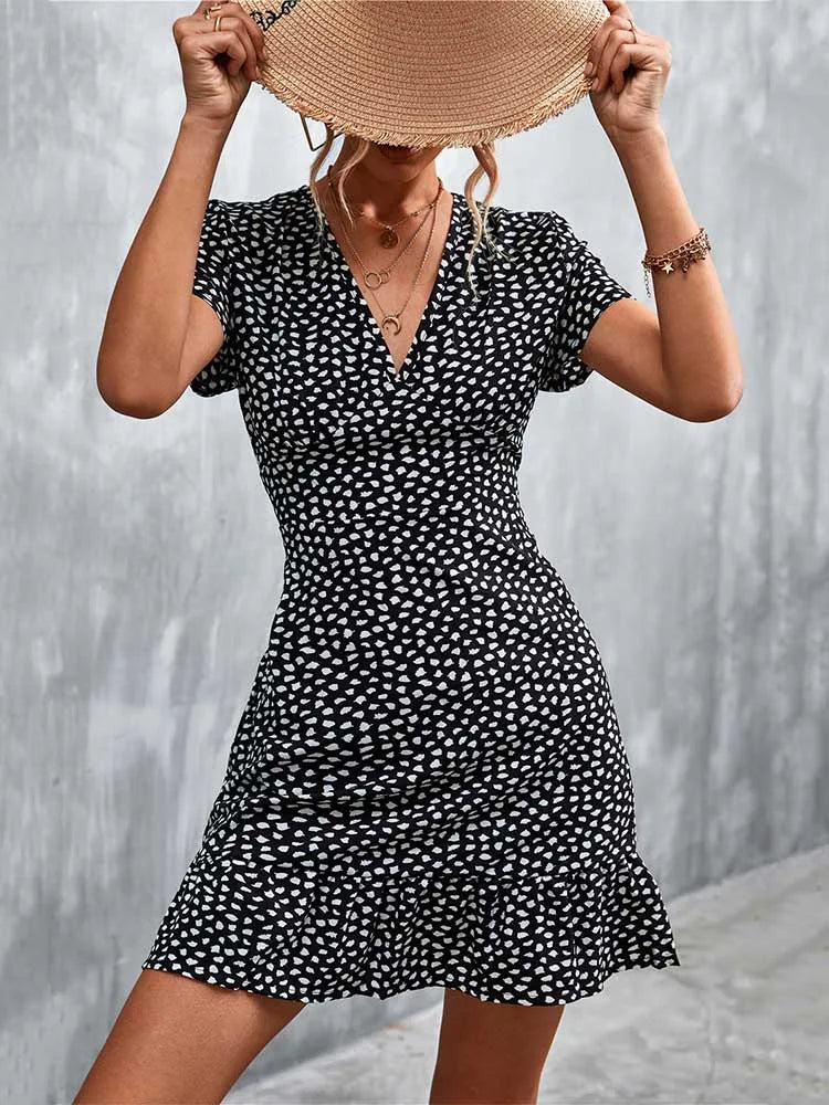 V-Neck Short Sleeve Ditsy Floral Print Ruffle Hem A-Line Mini Dress