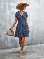 V-Neck Short Sleeve Ditsy Floral Print Ruffle Hem A-Line Mini Dress