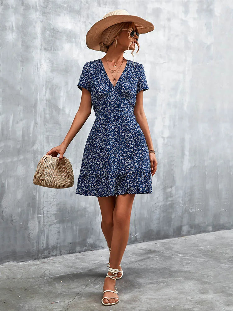V-Neck Short Sleeve Ditsy Floral Print Ruffle Hem A-Line Mini Dress