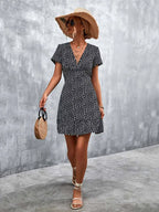 V-Neck Short Sleeve Ditsy Floral Print Ruffle Hem A-Line Mini Dress