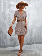 V-Neck Short Sleeve Ditsy Floral Print Ruffle Hem A-Line Mini Dress