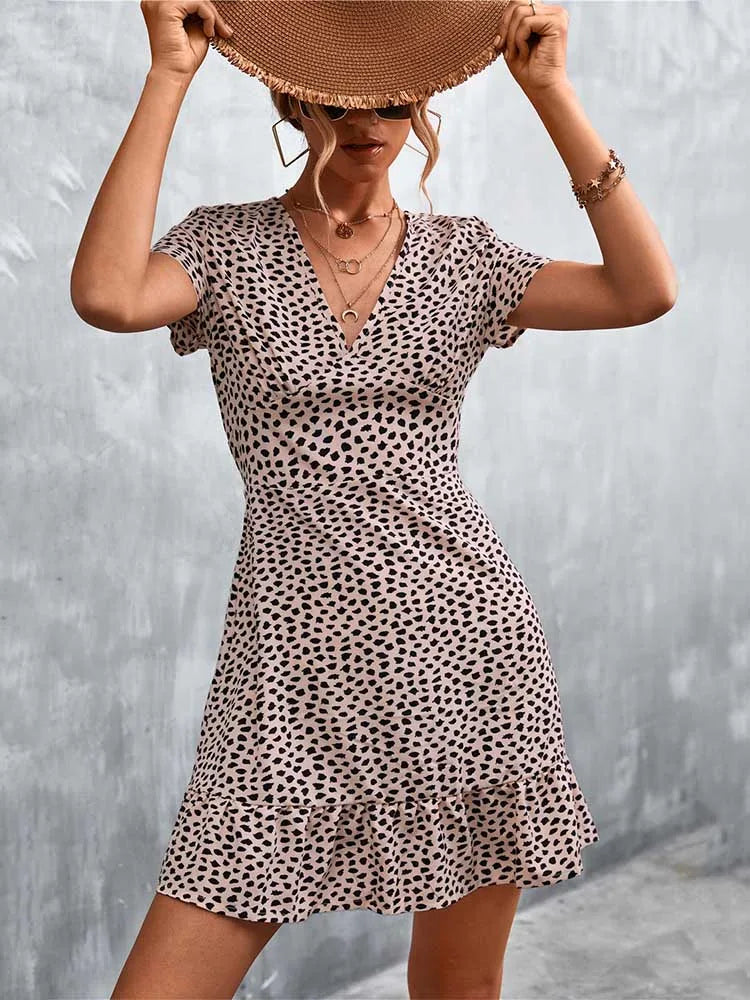 V-Neck Short Sleeve Ditsy Floral Print Ruffle Hem A-Line Mini Dress
