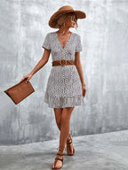V-Neck Short Sleeve Ditsy Floral Print Ruffle Hem A-Line Mini Dress