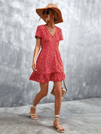 V-Neck Short Sleeve Ditsy Floral Print Ruffle Hem A-Line Mini Dress