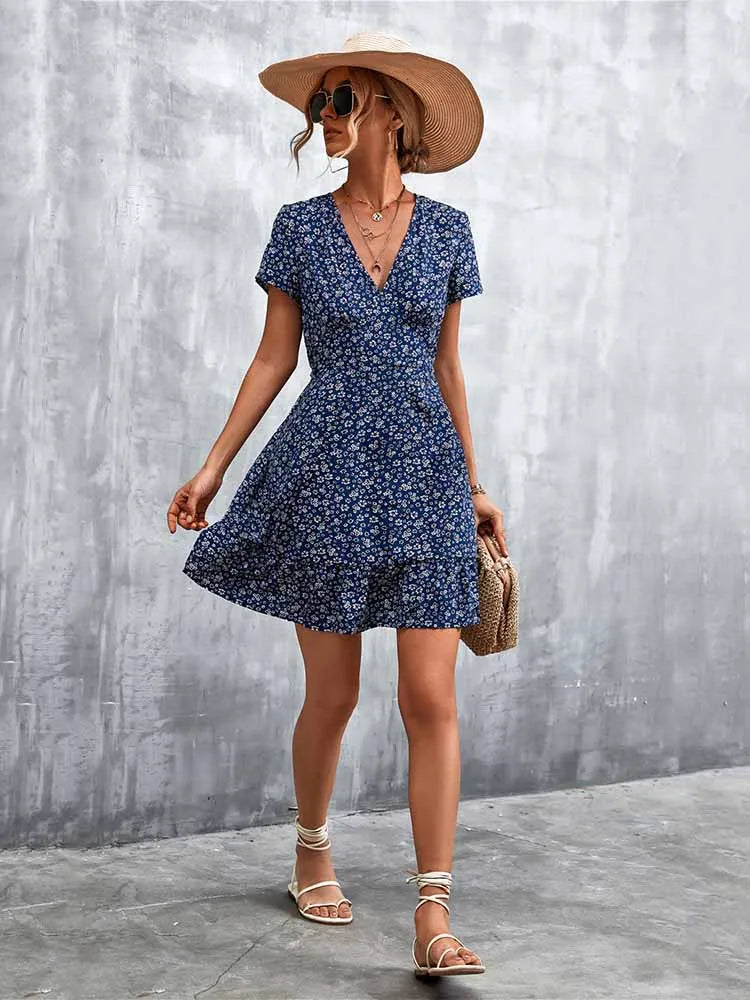 V-Neck Short Sleeve Ditsy Floral Print Ruffle Hem A-Line Mini Dress