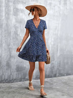 V-Neck Short Sleeve Ditsy Floral Print Ruffle Hem A-Line Mini Dress