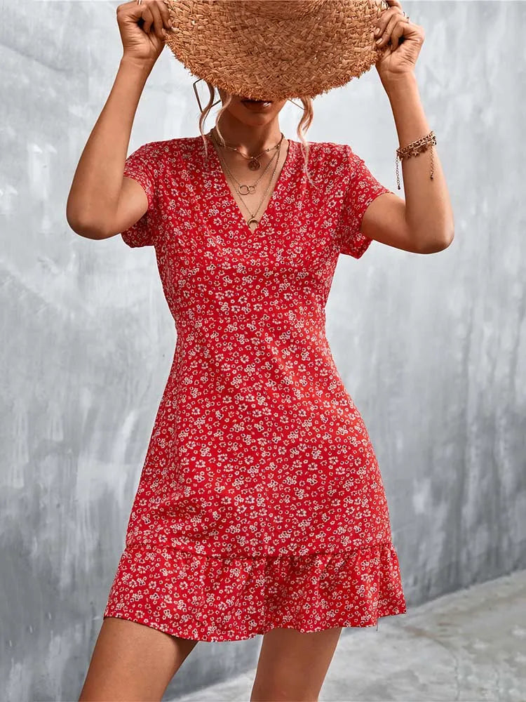 V-Neck Short Sleeve Ditsy Floral Print Ruffle Hem A-Line Mini Dress