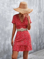 V-Neck Short Sleeve Ditsy Floral Print Ruffle Hem A-Line Mini Dress