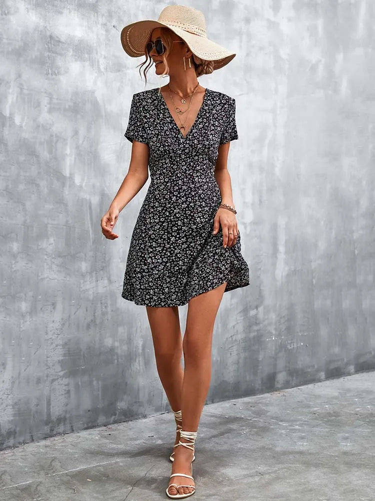 V-Neck Short Sleeve Ditsy Floral Print Ruffle Hem A-Line Mini Dress