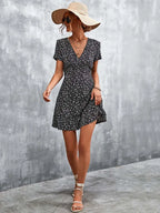 V-Neck Short Sleeve Ditsy Floral Print Ruffle Hem A-Line Mini Dress