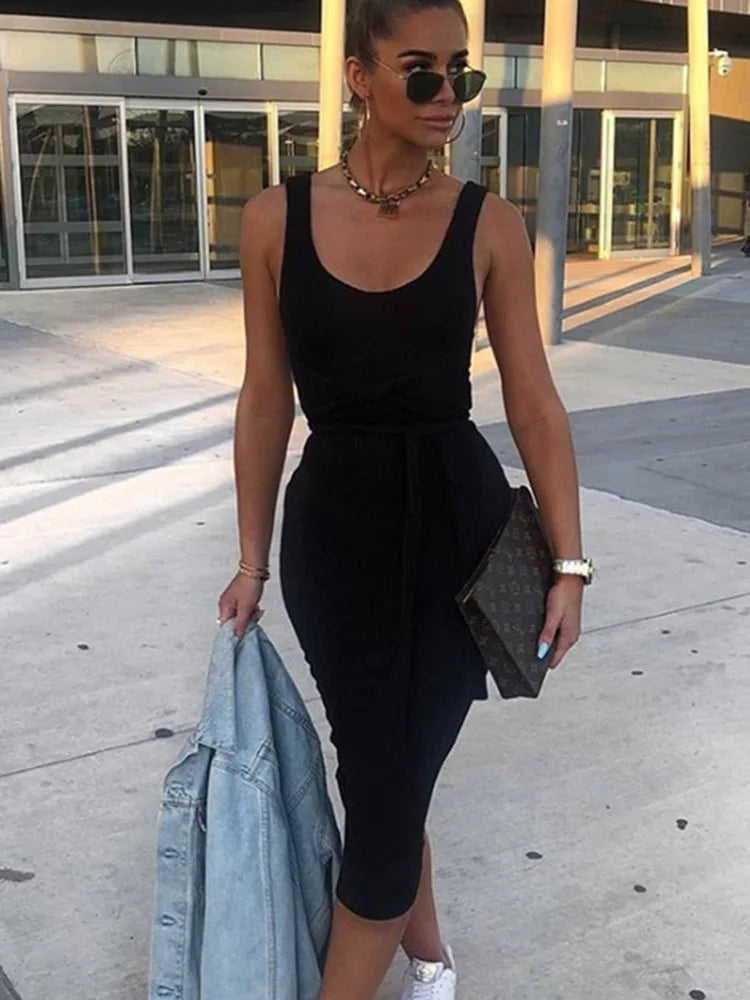 Spaghetti Strap Scoop Neck Ribbed Knit Bodycon Midi Dress