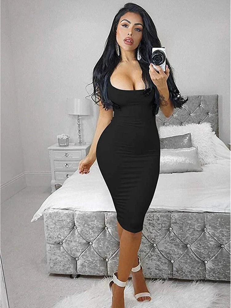 Spaghetti Strap Scoop Neck Ribbed Knit Bodycon Midi Dress