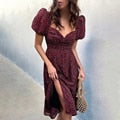 Daisy Floral Puff Sleeve Smocked Square Neck Side Slit Midi Dress