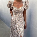 Daisy Floral Puff Sleeve Smocked Square Neck Side Slit Midi Dress