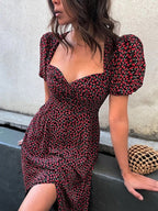 Daisy Floral Puff Sleeve Smocked Square Neck Side Slit Midi Dress