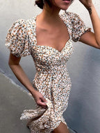 Daisy Floral Puff Sleeve Smocked Square Neck Side Slit Midi Dress