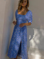 Daisy Floral Puff Sleeve Smocked Square Neck Side Slit Midi Dress