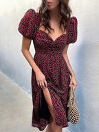 Daisy Floral Puff Sleeve Smocked Square Neck Side Slit Midi Dress