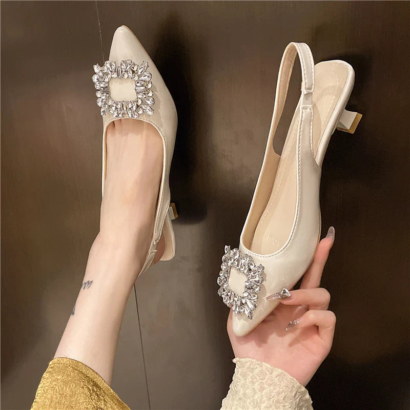 New Women's Pointed Toe Shal Nude Pink Diamond Back Strappy Dress Shoes Low Heel Pumps