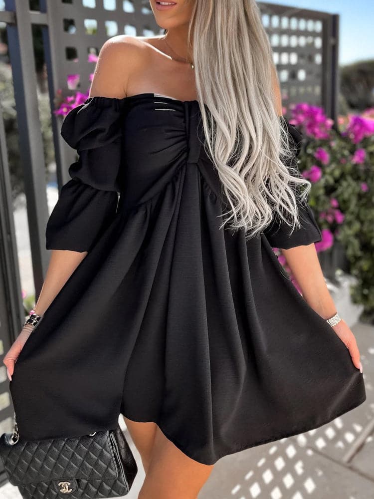 Off Shoulder Puff Sleeve Ruched Bodice Babydoll Mini Dress