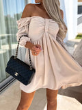 Off Shoulder Puff Sleeve Ruched Bodice Babydoll Mini Dress