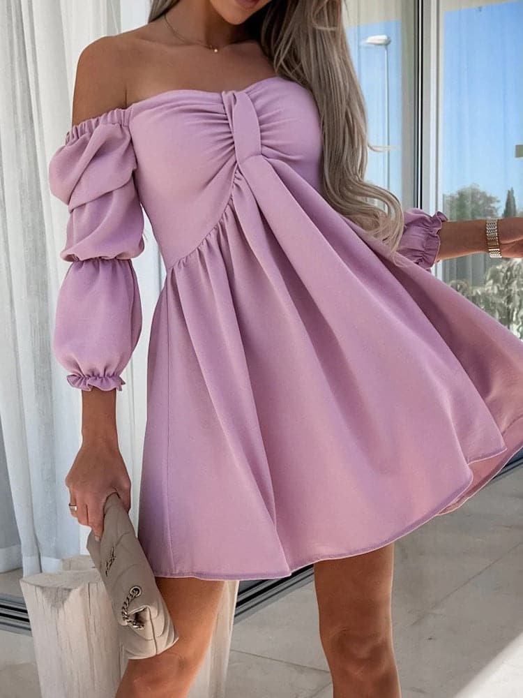 Off Shoulder Puff Sleeve Ruched Bodice Babydoll Mini Dress