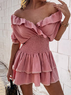 Off Shoulder Puff Sleeve Ruched Bodice Babydoll Mini Dress