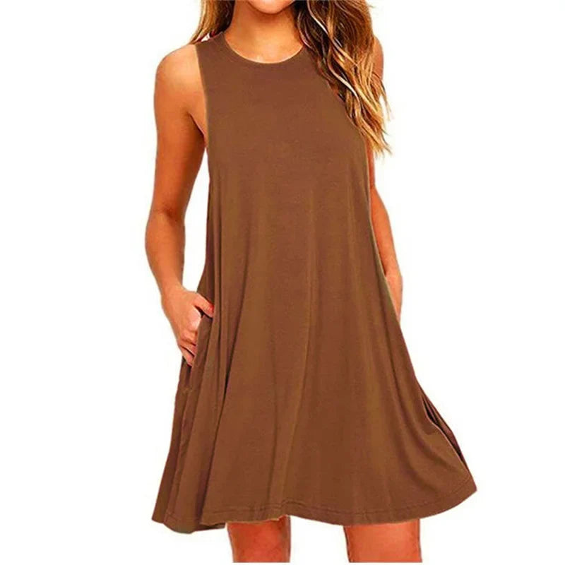 Round Neck Sleeveless Pocket A-Line Tank Mini Dress