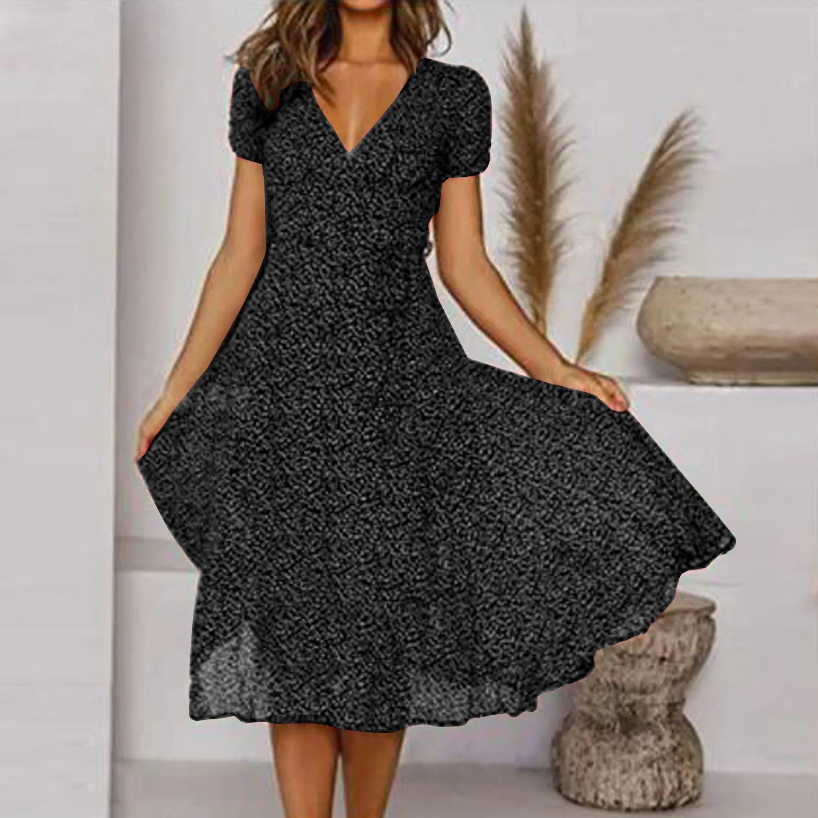 Ditsy Floral Print V-Neck Short Sleeve A-Line Midi Dress